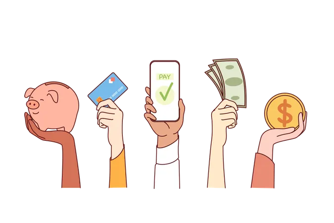 Different payment options show people hands with cash or bank card and application in smartphones  Illustration