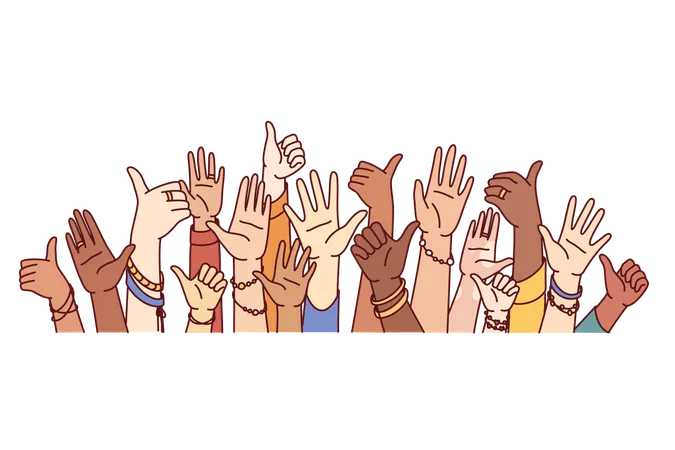 Hands Of Diverse People Showing Thumbs Up Or Greeting Gestures Symbolize Unity And Harmony In Society Hands Of Crowd Multiethnic Men And Women United To Fight Against Discrimination And Intolerance Illustration