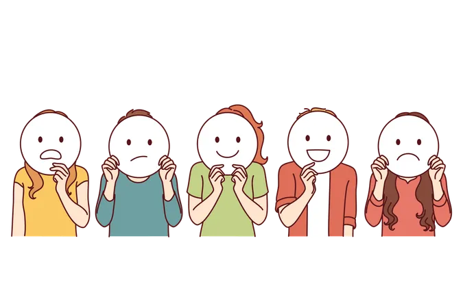Group Of People Hide Emotions By Showing Different Emoticons With Different Mental Moods Focus Group Of Men And Women Demonstrating Feedback About Product Or Service During Market Research Illustration
