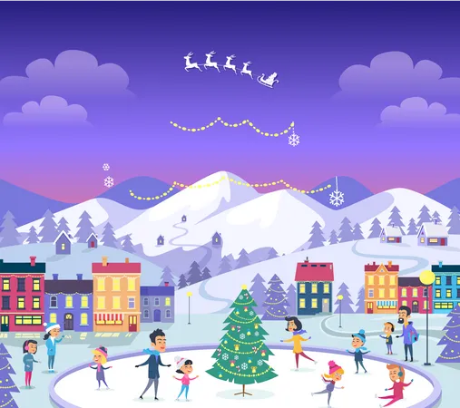 Merry Christmas Cartoon People Of Different Ages On Icerink Christmas Entertainments In Decorated City In Winter Vector Illustration Of People Spending New Year Holidays Outdoors In Flat Style Illustration