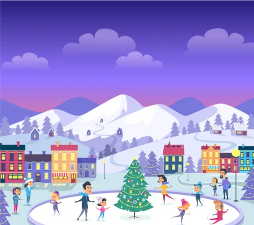 Cartoon Smiling People Of Different Ages On Icerink In Flat Design Christmas Entertainments In Decorated City In Winter Vector Illustration Of Happy People Spending New Year Holidays Outdoors Illustration
