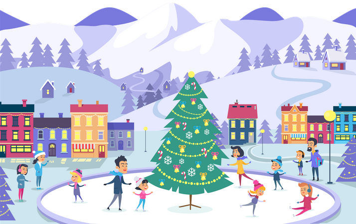 Different People on Icerink Celebrating New Year  Illustration