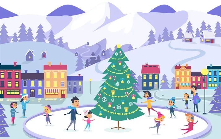 Cartoon Smiling People Of Different Ages On Icerink In Flat Design Christmas Entertainments In Decorated City In Winter Vector Illustration Of Happy People Spending New Year Holidays Outdoors Illustration
