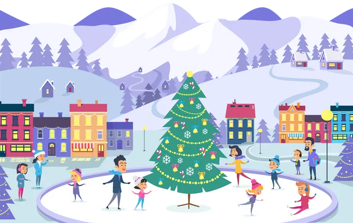 Different People on Icerink Celebrating New Year  Illustration