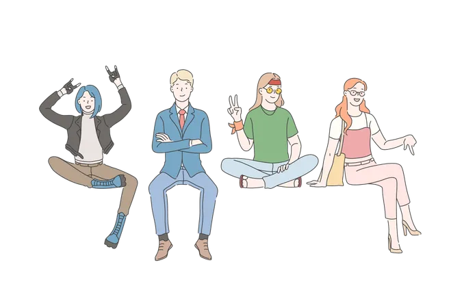 Different People On The Banner Concept Set Young Business Man Adult Woman Girl Punk And Guy Of Hippie Sitting On A Banner Smiling And Gesturing Simple Flat Vector Illustration
