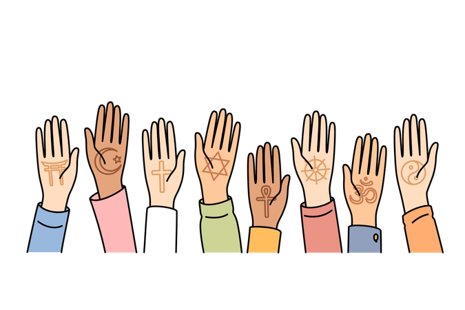 Different religion people raising hand  Illustration