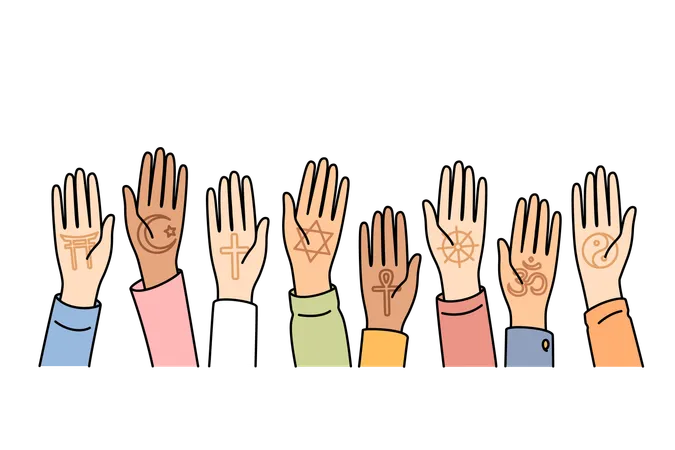 Different religion people raising hand  Illustration