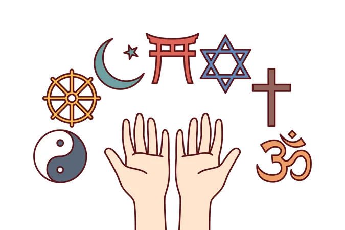 Symbols Of Religions And Confessions Near Hands Of Person Choosing Best Religion For Worship Or Studying Clergy Islamic And Christian Religion Icon Near Buddhism And Judaism Sign Illustration