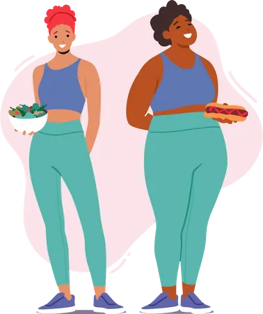 Slim Woman Hold Healthy Salad Radiating Good Health And Fitness While A Heavyset Woman Hold Fast Food Female Characters Highlighting Risks Of Unhealthy Diet Cartoon People Vector Illustration Illustration