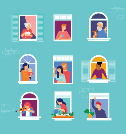 Different types of people look out and communicate with neighbors during lockdown  Illustration