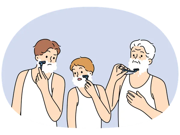 Différentes générations se rasent ensemble, démontrant la continuité du père et du fils avec le petit-fils  Illustration