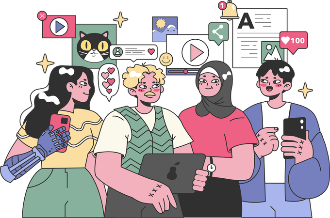 Différentes personnes faisant du marketing vidéo  Illustration