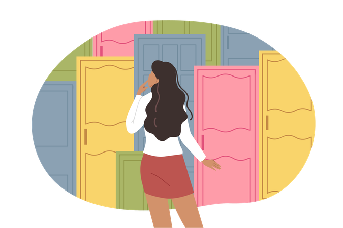 Difficult life choice faces woman standing near multi-colored doors in search of right path  Illustration