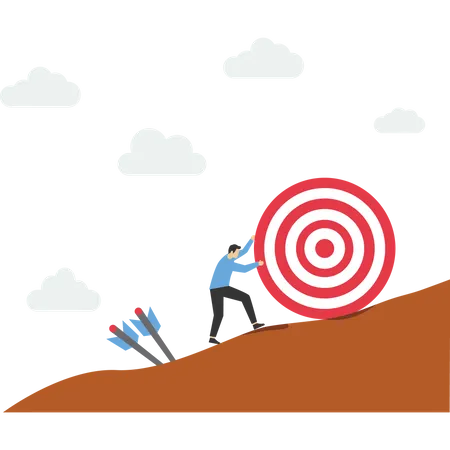 Failure Or Obstacle Missed Target Difficulty In Working Hard To Achieve Target Or Setting Too High Or Unrealistic Goal Concept Businessman Trying Hard To Push Dartboard Or Arrow Target Up Hill Illustration