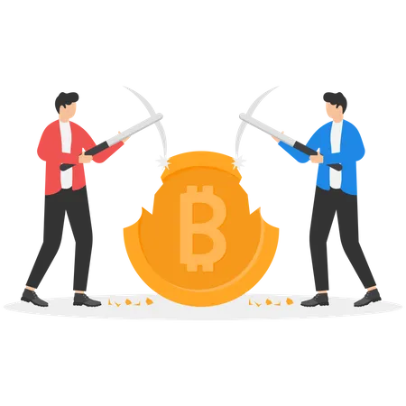 Difficulty Of Mining Bitcoin Higher Blockchain Competition Between Miners Causing The Less Chances Of Earning Bitcoins Concept Businessman Investors Competing To Mine Big Bitcoin Illustration