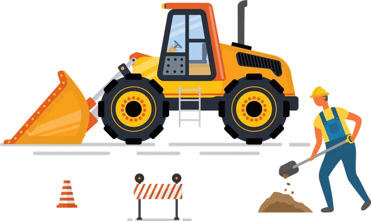 Digger With Shovel Cone And Barrier Yellow Backhoe Machine With Scoop Worker Digging Construction Equipment Earthmover And Road Technology Vector Illustration