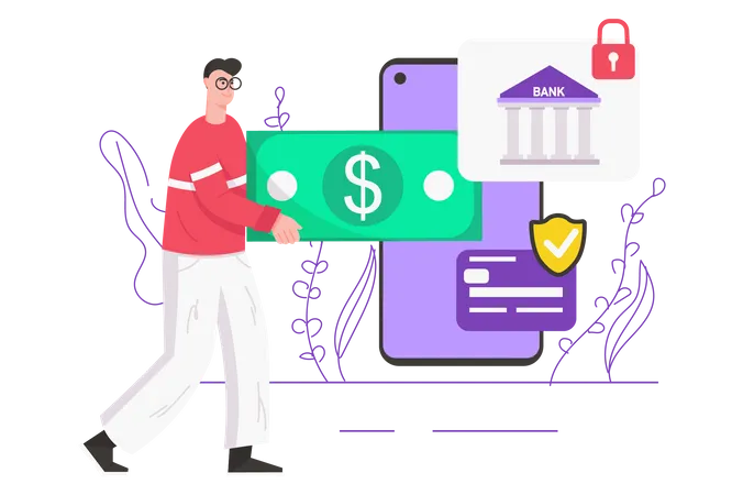 Online Banking Services Modern Flat Concept Man Receives Cash Or Deposits Money To Credit Card And Makes Transactions Using Bank Account Vector Illustration With People Scene For Web Banner Design イラスト