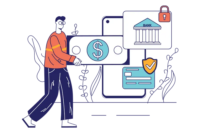 Online Banking Concept In Flat Line Design For Web Banner Man Uses Financial Account And Manages Credit Cards In App On Mobile Phone Modern People Scene Vector Illustration In Outline Graphic Style イラスト