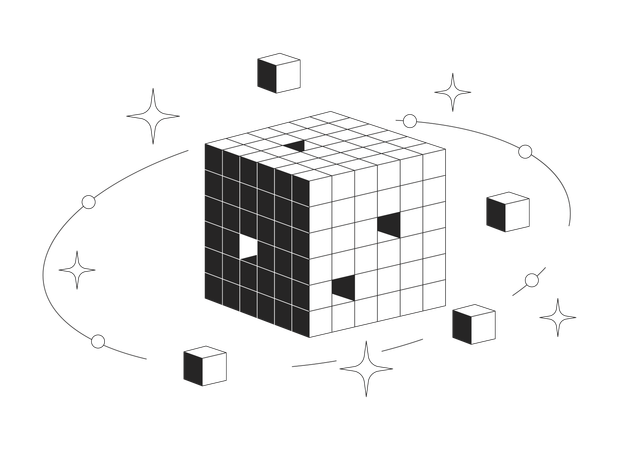 Digital data cube with orbiting blocks and sparkles  Illustration