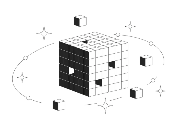 Digital data cube with orbiting blocks and sparkles  Illustration