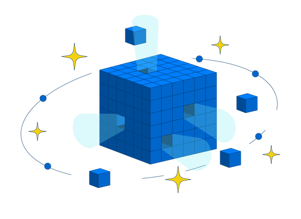 Digital data cube with orbiting blocks and sparkles  Illustration