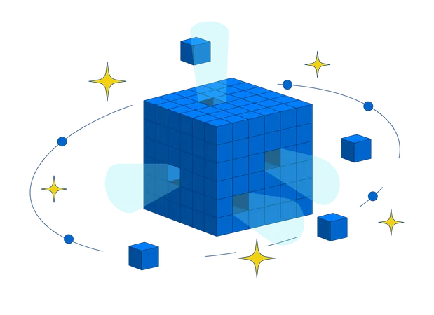 Digital data cube with orbiting blocks and sparkles  Illustration