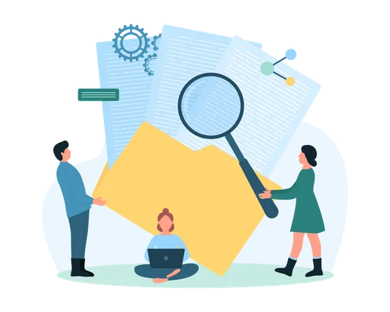 Digital Data Management Vector Illustration Cartoon Tiny People Magnify Stack Of Paper Documents With Magnifying Glass Organize Information And Search Files In Folder Directory Or Archive Database Illustration