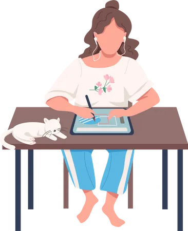 Digital Designer With Cat Semi Flat Color Vector Character Sitting Figure Remote Work Full Body Person On White Simple Cartoon Style Illustration For Web Graphic Design And Animation イラスト