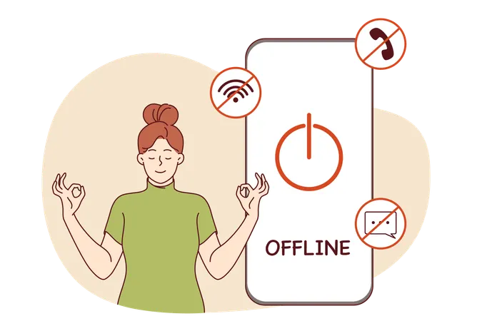 Digital detox for woman meditating near switched off mobile phone to restore psychological health  Illustration