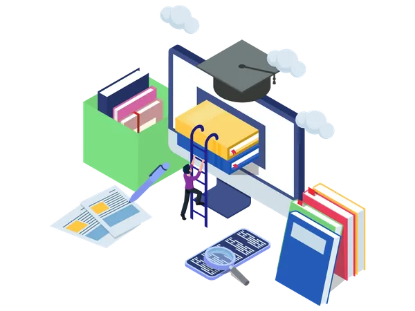Male Try To Climb Book In The Computer With Stair E Learning Concept For Graduation Template Computer Technology With Books Mobile Phone Magazine Clouds Vector Illustration