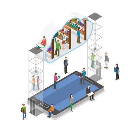Digital Library Flat Isometric Vector Concept People Going To Cloud Library Through Mobile Device Illustration