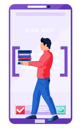 Online Book Shop E Learning Digital Library Concept Smartphone Screen With Books And A Person Inside Vector Illustration Little Man Walks And Carries In His Hands A Stack Of Colored Books Illustration