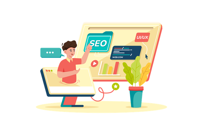 Digital marketer crafting SEO strategy for new website  Illustration