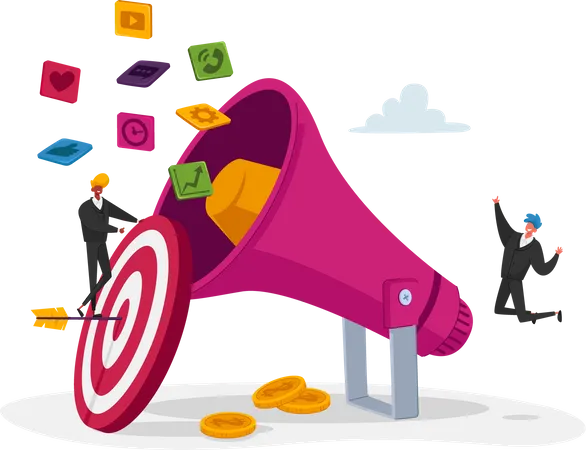 Digital Marketing Public Relations And Affairs Communication Pr Agency Tiny Characters Team Work With Huge Megaphone Alert Advertising Social Media Promotion Cartoon People Vector Illustration Illustration