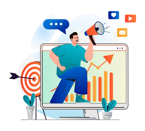 Digital Marketing Concept In Modern Flat Design Man With Megaphone Announcing And Attracting New Customers Online Promotion Targeting Data Analysis And Advertising Campaign Vector Illustration Illustration