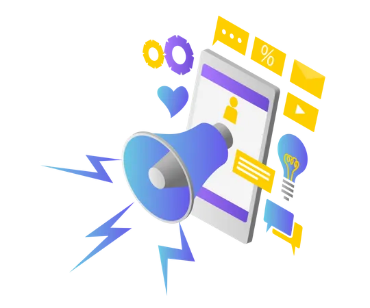 Isometric Style Illustration Of Digital Marketing With Mobile Phone And Loudspeaker Illustration