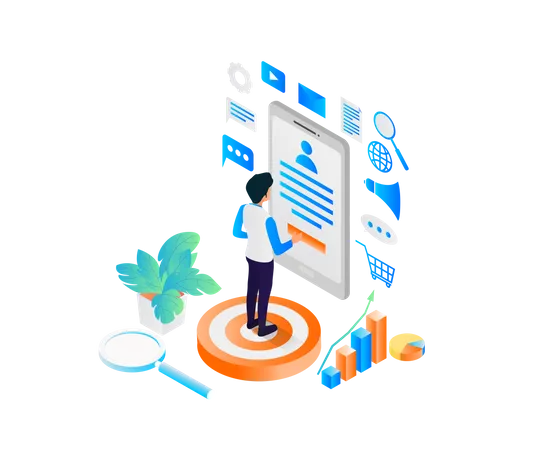 Isometric Style Illustration About Social Media Marketing Strategy With Smartphone And Icon Illustration
