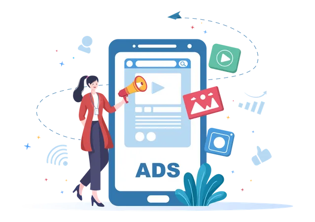 Advertising Or ADS Vector Illustration For Mobile Social Media Campaign Business Promotion Brand And Digital Marketing In Flat Cartoon Style イラスト