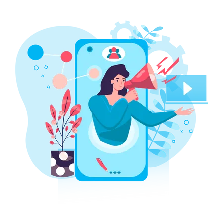 Digital Marketing Concept Woman With Megaphone Attracting Customers Advertising In Mobile App Promotion In Social Networks Character Scene Vector Illustration In Flat Design With People Activities Illustration