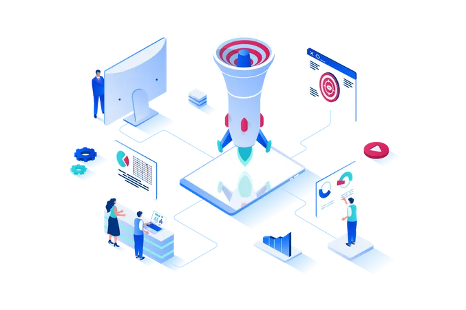 Digital Marketing 3 D Isometric Web Design People Create Promo Content And Make Advertising Campaigns For Businesses And Startups Targeting And Attracting Clients E Commerce Vector Web Illustration Illustration