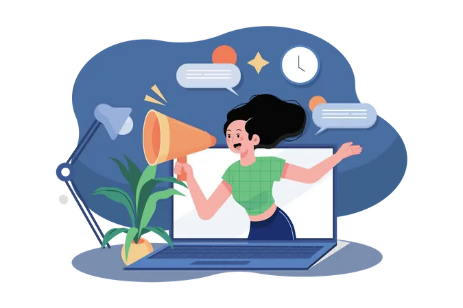 Digital Marketing Woman On Web Screen With Megaphone Attracts People Illustration