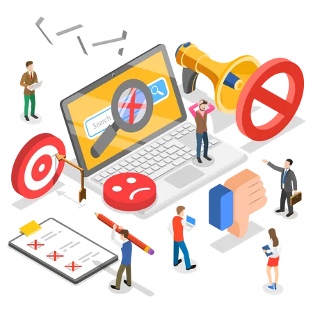 Isometric Flat Vector Concept Of Digital Marketing Mistakes Wrong Strategy SEO Errors イラスト