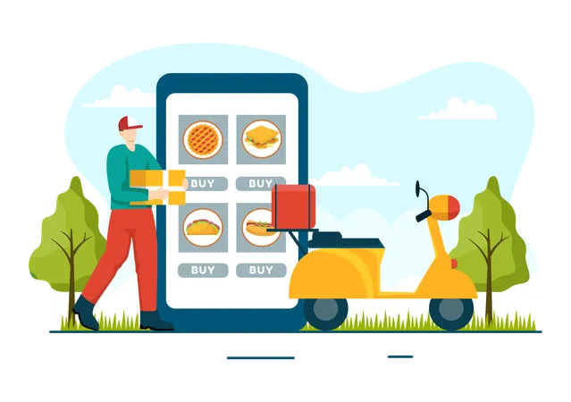 Online Food Delivery Vector Illustration With Order Food On The Phone And It Will Be Delivered According To The Destination In Flat Cartoon Background イラスト