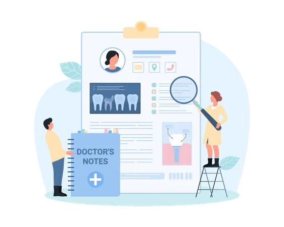Digital Medical Card Of Patient Dentistry Vector Illustration Cartoon Tiny Dentists With Magnifying Glass And Notepad For Doctors Notes Examine Personal Online Data Of Patient On Appointment Illustration