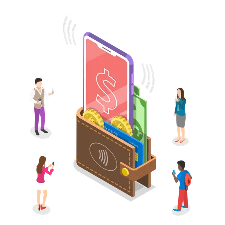 Isometric Flat Vector Concept Of Digital Mobile Wallet Online Banking Wireless Money Transfer イラスト