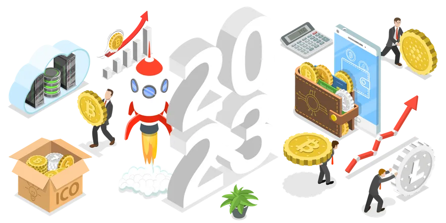 3 D Isometric Flat Vector Conceptual Illustration Of New Year 2023 Cryptocurrency Trends Digital Money And Blockchain Technology Illustration