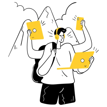 Digital Nomad with Multiple Devices  Illustration