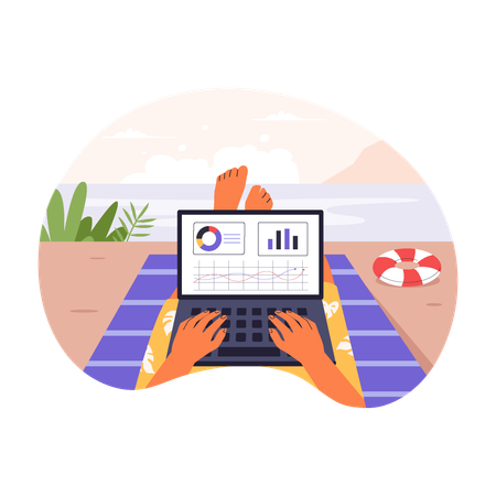 Digital Nomad Working from Beach with Laptop  Illustration
