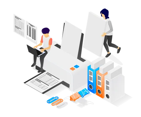 Isometric Style Illustration Of An Employee Printing Data From A Computer Illustration