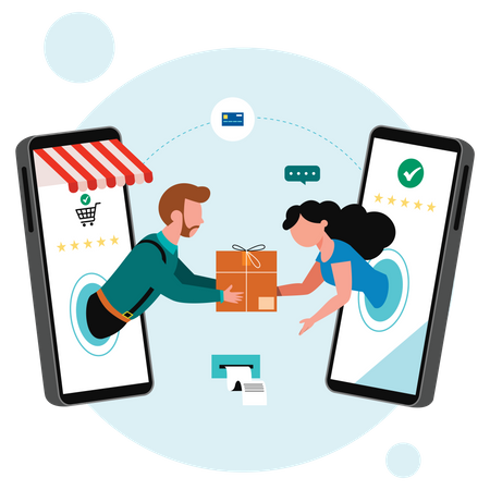 Digital Store Owner delivery product to woman Illustration
